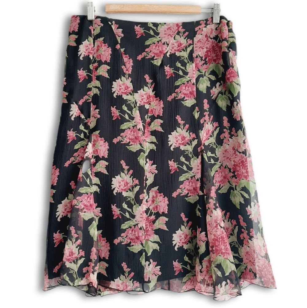 MaxMara Black Floral A-Line Skirt with Pink & Green Bouquet Print